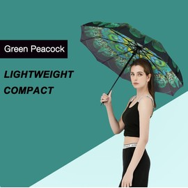 Siepasa Windproof Travel Compact Umbrella, 8-Ribs Anti-UV Waterproof Folding Umbrella with Telfon Coating-One Button for Auto Open and Close (Green peacock)