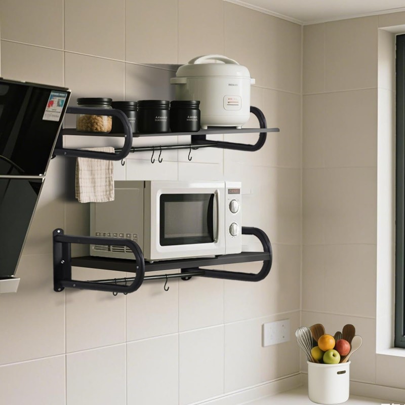 Microwave Shelf Wall Mount,Microwave Wall Shelf with 5 Hooks and