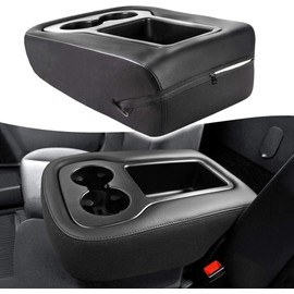 KBH Center Console Armrest Cover for Chevy Tahoe Suburban Silverado, GMC Sierra Yukon 1500 2500 3500 2007-2014, Jump Seat, Leather & Cloth, Car Trim with Zipper Design, Black