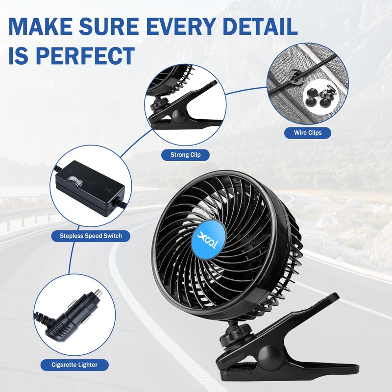 XOOL 12V 6'' Car Fan, Clip Fan 360 Degree Rotatable