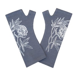 Charcoal Peony Rose 100% Merino Wool Fingerless Gloves, Hand Printed with Silver Floral, Designed by Kate Watts, Made in New Zealand