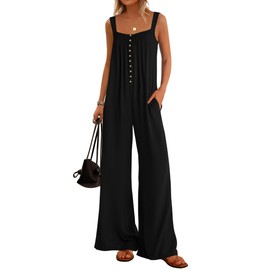 KIRUNDO Summer One Piece Jumpsuits For Women 2025 Casual Loose Button Sleeveless Romper Knit Wide Leg Overalls With Pockets(Black, Medium)