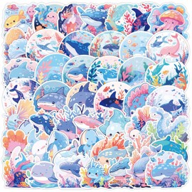 50PCS Cute Ocean Life Stickers, Cute Hand Painted Shark Whale Dolphin Stickers for Guitar Skateboard Laptop Luggage, Vinyl Waterproof Sea Animals Decals for Teens Adults
