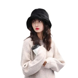 Winter Hat Women's Fishing Hat Plush Winter Hat Fluffy Peaked Cap Wide Brim Bucket Hat Keep Warm Bucket Hat Soft Bell Hat Foldable Women's Hat Faux Fur Floppy Hat Knitted Hat Outdoor Travel, black