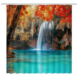 YNFUQANLN Fall Waterfall Shower Curtain Tree Forest Waterfall Jungle Autumn Nature Scenery Landscape 70" Wx70 H Fabric Bathroom Decor Curtain with Hooks