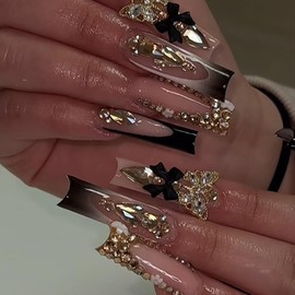 3D Bow Butterfly Charm Press on Nails Extra Long Ballerina Coffin Nails Rhinestones French Tip Acrylic Glue on Nails Glossy Square Stick on Nails for Women DIY Manicure Decor