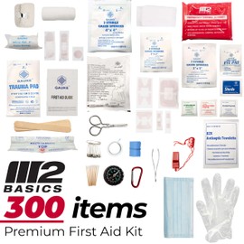 M2 BASICS Premium First Aid Kit (300 Pieces, 40 Unique Items) First Aid Kit for Home, Car, Vehicles, Business, Travel, Outdoors, Camping, Travel Sports – Durable Bag, Emergency Medical Supplies