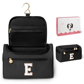 COSHAYSOO Practical Birthday Gifts for Woman Friend Sister Bestie 16 17 18 19 20 21 25 30 Year old, Initial Hanging Toiletry Bag Waterproof for Women Travel Skin Care Toiletries Black Letter E