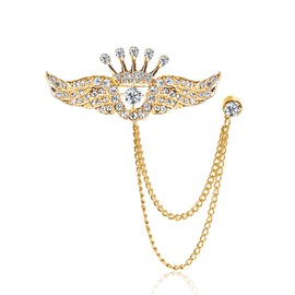 Rhinestone Wings Hanging Chain Brooch Crown Lapel Pin Men Collar Pins Cubic Zircon Angel Wings Suit Pin Vintage Crystal Wedding Brooch Pin Gifts (Gold)