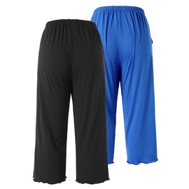 ENJOYNIGHT 2 Pack Women's Capri Pajama Pants Lounge Sleep Bottom with Pockets(X-Large,Black+NV)