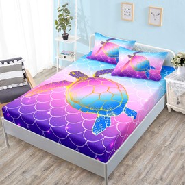 HOSIMA Mermaid Fish Scales Bed Sheets Full,Sea Turtle Fitted Sheet Rainbow Bedding Glitter Star Themed Fitted Sheet for Girls Kids Room Decor,1 Fitted Sheet + 2 Pillowcases.