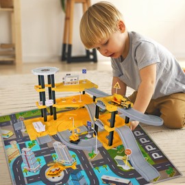 Toysical Construction Playset - Complete Parking Garage Toy Playset with Vehicles, Helicopter, Mini Figures, Road Setup, Floor Map - Construction Toys for Boys and Girls - Boys Toys Age 4-6