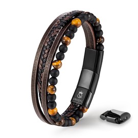 Uniqal Men's Genuine Leather Bracelet with Natural Stones "Fancy" Men's Nature Stone Bracelet Stainless Steel Men Case Box Free, Stainless Steel