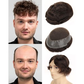 BEEOS Australia Toupee Hair for Men, 8x10 Inch French Lace Top with Thin Skin Around Base Mens Indian Remy Human Hair Replacement System Natural Hairline Mens Wig #3 Dark Brown