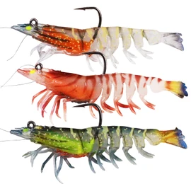 Ryvera Fishing Lures for Bass, Pack of 3 Pre-Fired Soft Shrimp Baits for Zander & Bass, Fishing Lures with VMC Hooks, Rubber Fish Jigs, Fishing Lures for Saltwater and Freshwater, Gifts for Men
