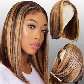 Brazilian Human Hair Wig 5.1x1.5 Inch Bob Lace Front Wig Natural Short for Women Natural Brazilian Wig Human Hair Highlight Ombre Blonde P4/27 Color (12 Inch)