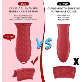 Silicone Hot Handle Holders Cover 4 Pack Cast Iron Skillet Handle Cover Pot Handle Holder Sleeve Non-Slip Heat Resistant Removable Potholder for Metal ​Frying Pans Aluminum Cookware Handles (Red)