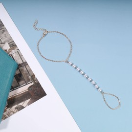 Aneneiceera Boho Pearl Beads Slave Bracelets Gold Wedding Finger Ring Hand Chain Wrist Harness Bridal Ring Bracelet Jewelry Gifts for Women Teen Girls