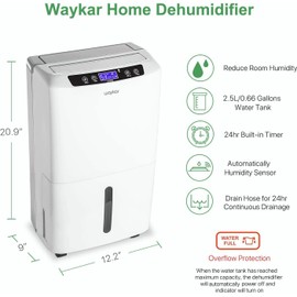 Waykar 2000 Sq. Ft Dehumidifier for Basement, Smart Compressor 34 Pints Dehumidifiers for home with Drain Hose and Water Tank.