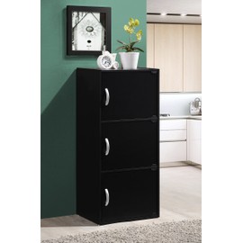 HODEDAH IMPORT 3-Shelf Bookcase Cabinet, Black