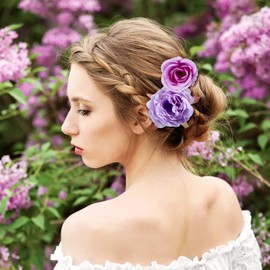 BBTO 21 Pcs Flower Hair Clip Rose Hair Clips Barrettes for Women Flower Accessories Boho Bride Claw Clip Hairpin Brooch Pin Headpiece for Wedding(Purple Series)