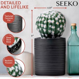 SEEKO Succulents Fake Cactus (8'') - Realistic Cactus Plant Decor for Dorm, Desk, Shelf or Office (Black Pot)