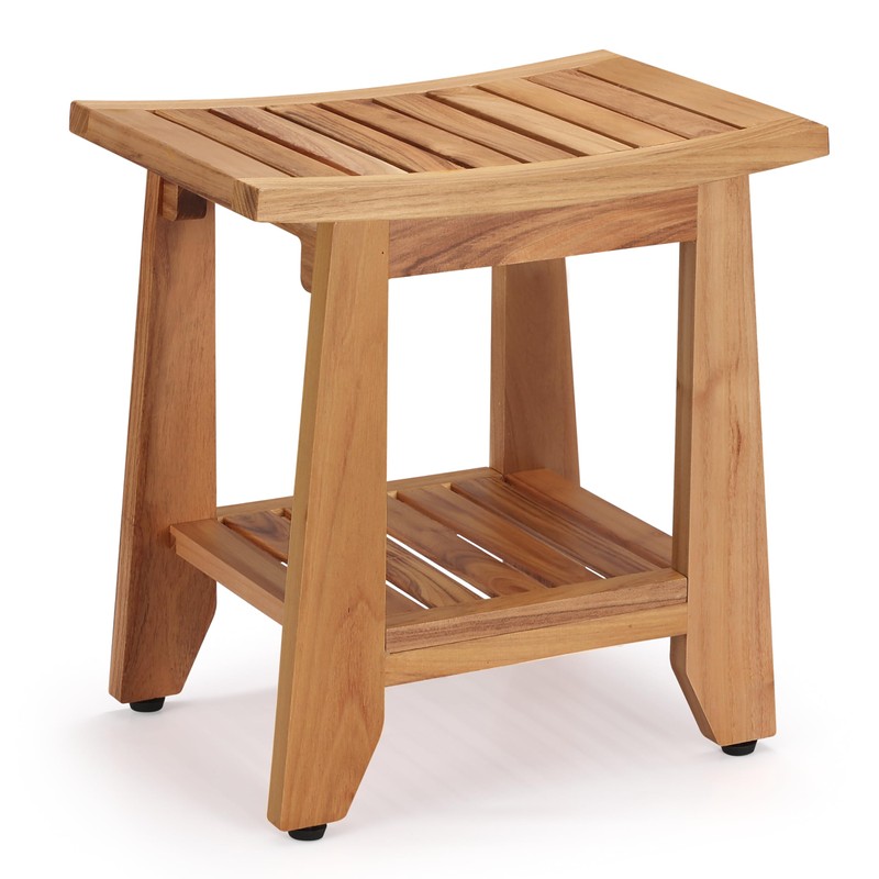 Teak Shower Bench Stool, 14'' Compact Waterproof Wooden Sauna Bath