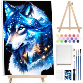 Bowetile Wolf Paint by Numbers for Adults with Framed Canvas&Wooden Easel, Painting by Numbers Kit for Adults Beginners Canvas Kit, DIY Acrylic Pigment Drawing Paintwork for Home Decor, 20x30cm