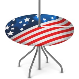 Aglebo Us American Flag Round Fitted Outdoor Tablecloth with Umbrella Hole and Zipper Waterproof Wrinkle Free Table Cover Elastic Edge Table Cloth for Party Patio and Picnic,36"-44"
