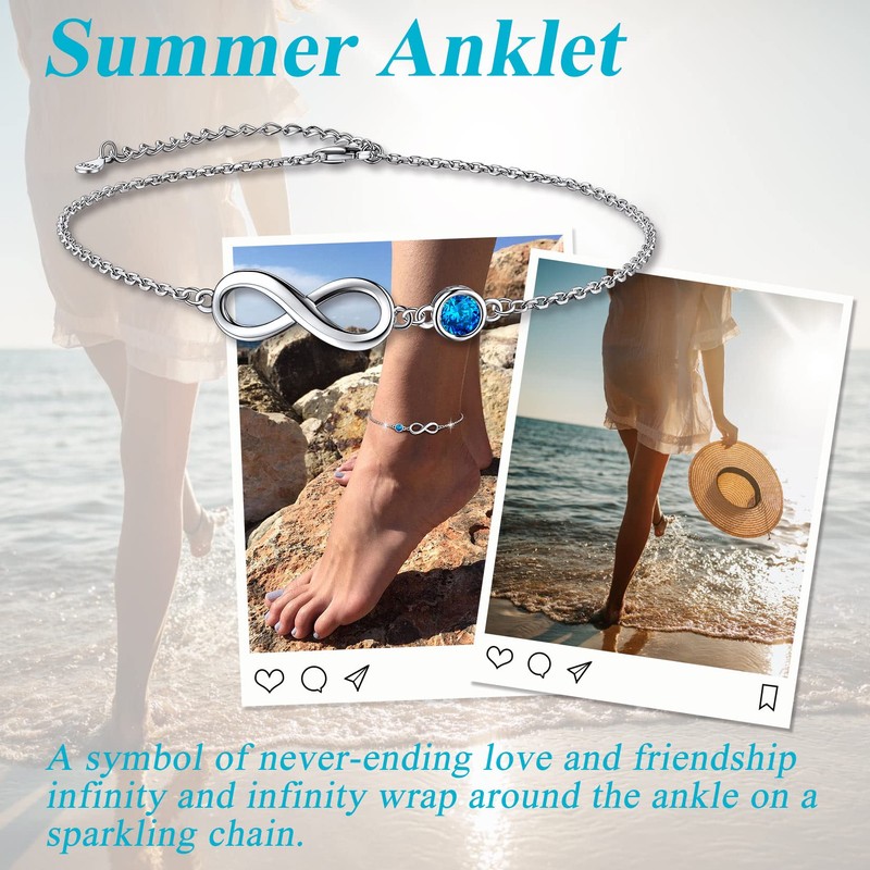 Suplight Sterling Silver Infinity Anklet Cubic Zirconia CZ April Birthstone