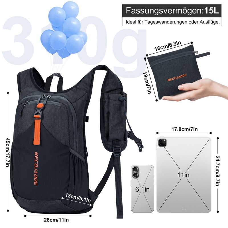 BECOJADDE 15L Hiking Backpack Men's Small Backpack Women's Lightweight Daypack