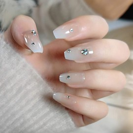 Nude Gradient Press on Nails Medium Ballet Fake Nails Nude False Nails with Rhinestone Design White Gradient French Glue on Nails Acrylic Full Cover Glossy Stick on Nails for Women Manicure 24Pcs