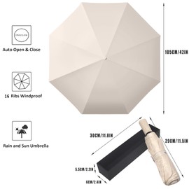 Rainproof and Windproof Travel Rain Umbrella, 16 Ribs Reverse Folding Buckle Portable Umbrella, Unisex Automatic Opening and Closing Umbrella Suitable for Rainy Days and Daily Use (White Umbrella)