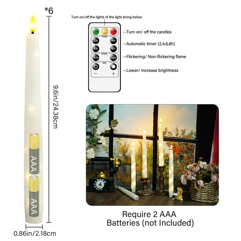 Nimiko Flameless Taper Candles with Star Lights, Remote Control, and
