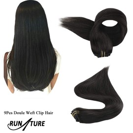 RUNATURE Black Hair Extensions Clip in Real Human Hair Clip in Extensions 20 Inch 105g Black Hair Extensions Clip ins Jet Black Straight Clip in Hair Extensions for Women