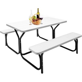 HOMGX Picnic Table, Outdoor Table Bench Set with Metal Frame & Wood-Like Texture, Large Picnic Table with All Weather-Resistant Tabletop, Camping Picnic Tables for Patio, Lawn, Dining Party