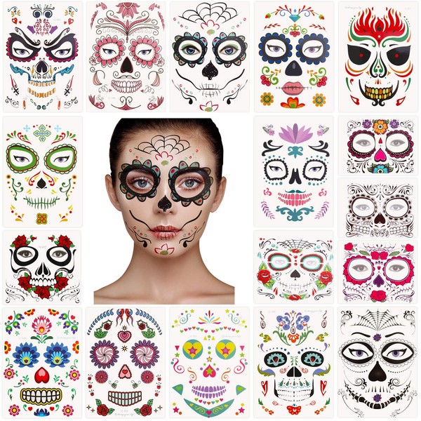 17 Sheets Day of the Dead Face Tattoo Halloween Temporary Tattoos Skull Face Tattoo Red Rose Mask Tattoo for Halloween Party Favor