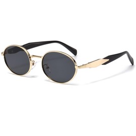 Long Keeper Vintage Ovale Sonnenbrille Metall Klein Retro Sonnenbrille Rund 90er Modisch Oval Brille UV400 Schutz Klassisch Sonnenbrillen für Damen Herren (Gold Schwarz Rahmen – Dunkelgrau Gläser)