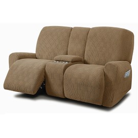 ULTICOR Jacquard Design Reclining Loveseat with Middle Console Slipcover, 8-Piece Stretch Sofa Covers, 2 seat Loveseat Recliner Cover, Washable (Style 4) (Sand)