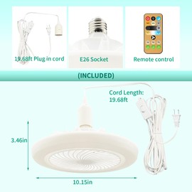 SADALAK Plug in Ceiling Fan Light with Long Cord 19.68ft, Screw in Socket Fan Light with Remote Control, 110V Modern LED Small Portable Hanging for Bedroom Bathroom Gazebo Kitchen Kids Room Garage