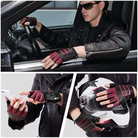 FIORETTO Mens Genuine Leather Fingerless Gloves Unlined Half Finger Punk Gloves for Driving Cycling Motorcycle Burgundy Small