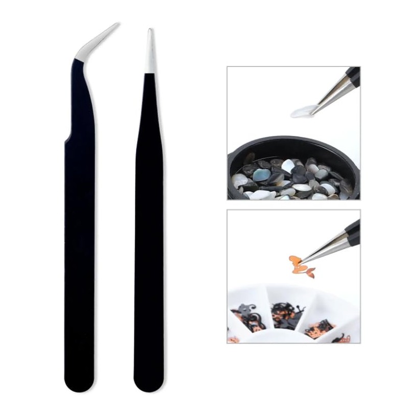 Telabeautix Tweezers Set of 2 Straight and Curved Black
