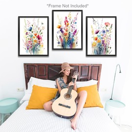 Gubrandin 3PCS Colorful Wildflower Art Wall Art Prints Artwork Paintings for Home Farmhouse Office Bathroom Bedroom Wall Decor (8x10 inch，Unframed), Watercolor Flower Daughter Girls Room Decor