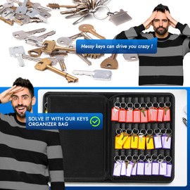 Focxoio Portable Key Organizer,Zippered Key Storage Case with 54 Key Hooks and Tags for Estate Sales,Hotels,Landlord,Car Rental,Upgraded Interlayer and Handle,Waterproof and Fireproof,Black
