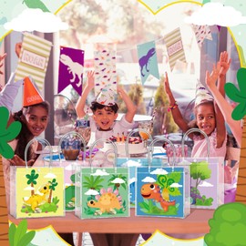 Teenyyou 24 Pcs Dinosaur Party Favor Bags Cartoon Dino Clear PVC Gift Bags with Handle for Birthday Decor