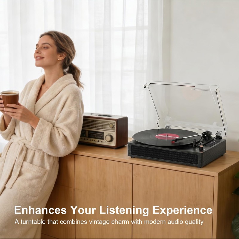 Bluetooth Turntable Vinyl Record Player, 3-Speed Record Player with Built-in