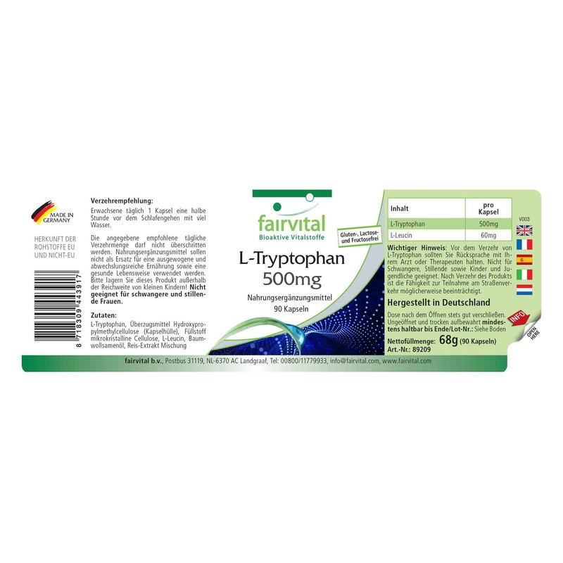 L Tryptophan 500mg – 90 Capsules – Essential Amino Acid – Good Night's Sleep and Emotionelle Stability
