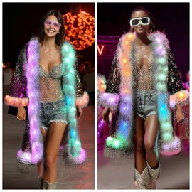 Sequin Coat for Women Smart LED Light up 15 color Flash Sparkly Jacket Rave Costume Music Festival Outwear M