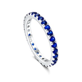 AGRULE Blue Stone Full Eternity Ring White Gold Plated Sterling Silver 2.2mm Wide Stackable Birthstone Wedding Band Sapphire Anniversary Rings for Women Men, Size 9