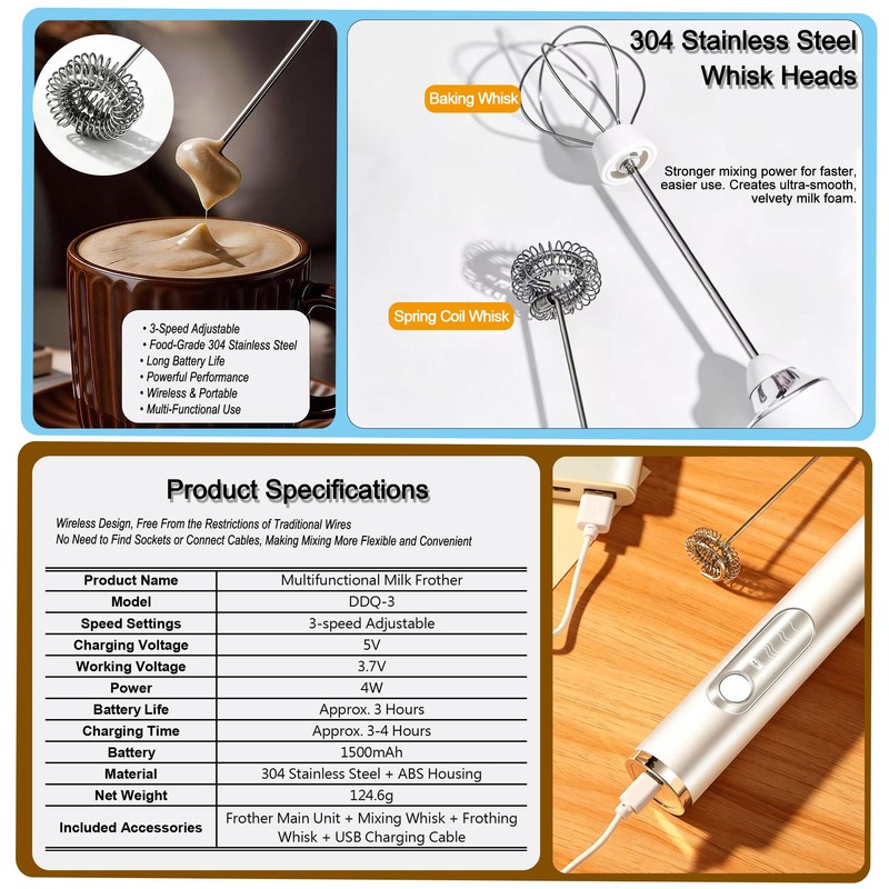 Milk Frother Handheld, Rechargeable Coffee Frother Wand with 2 Stainless